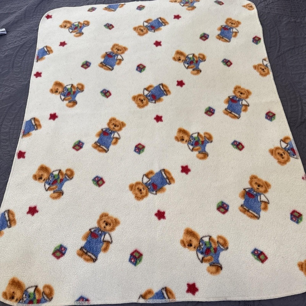 Cherokee‎ Baby Blue Jean Teddy Bear Fleece Baby Blanket Hearts Stars 31x40"